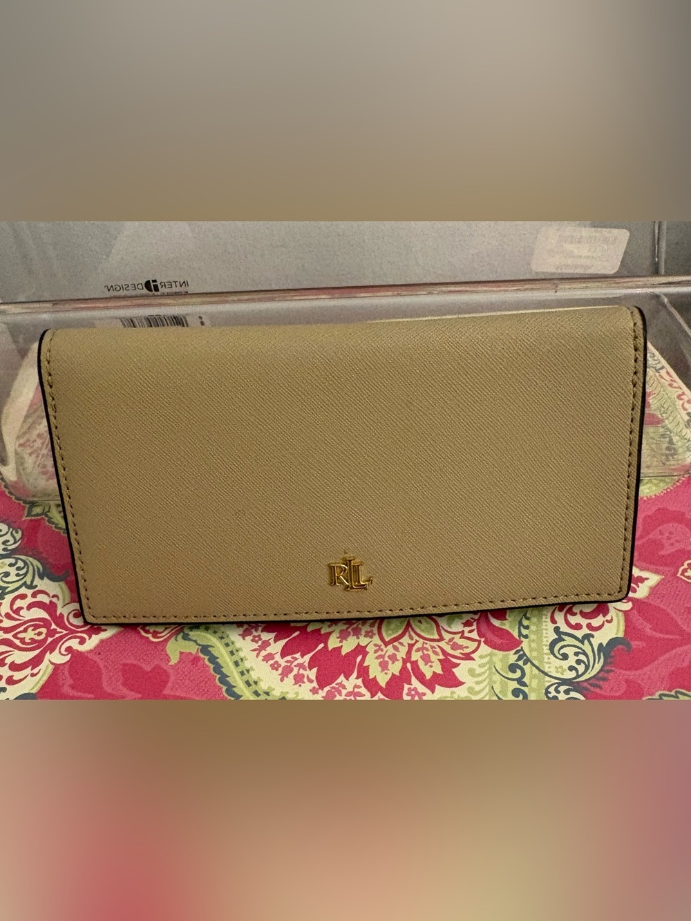 Ralph Lauren Beige/Tan Saffiano Continental Wallet with Gold RL Logo